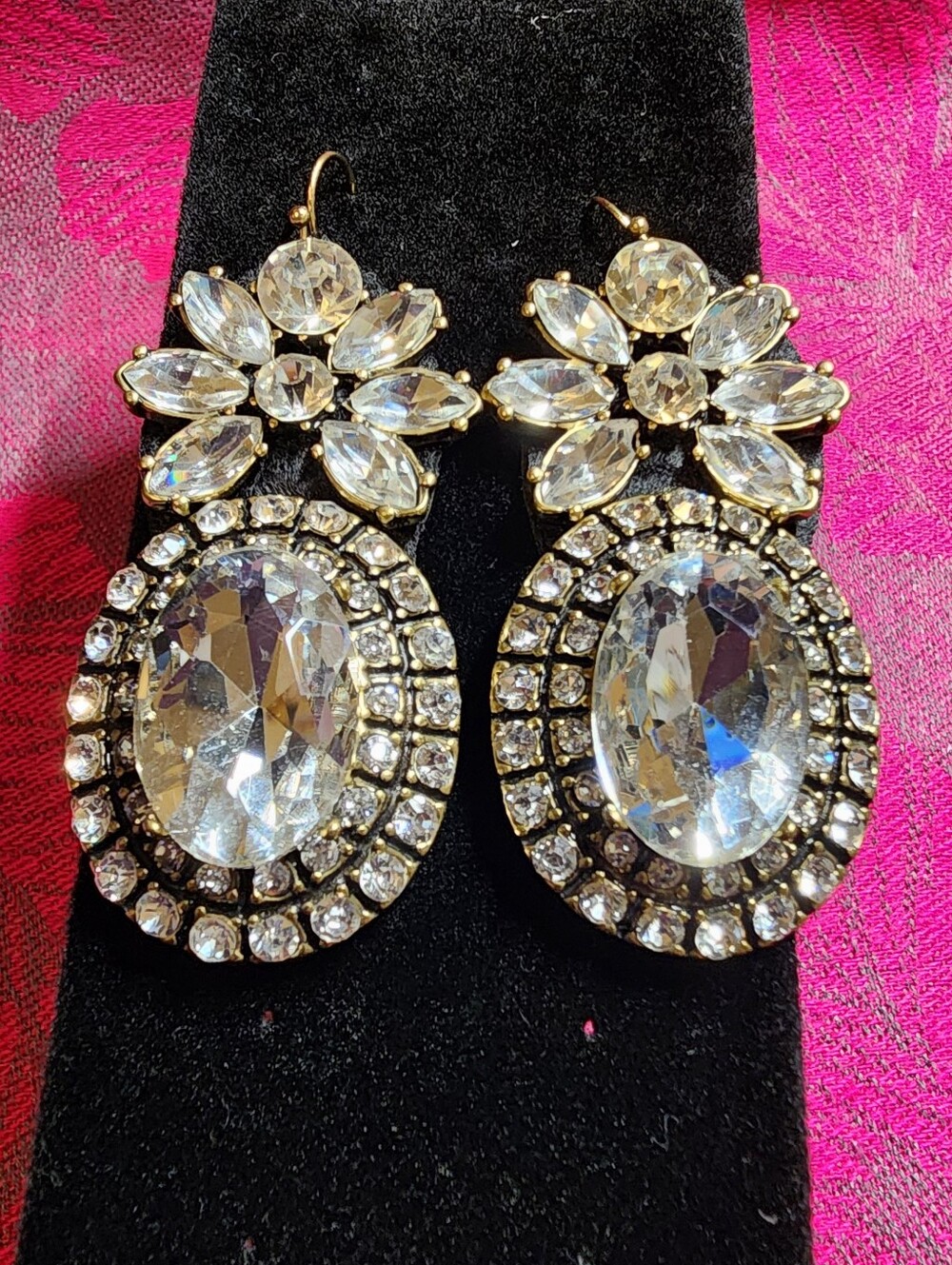 Ornate Crystal Floral Drop Earrings With Faux Leather.